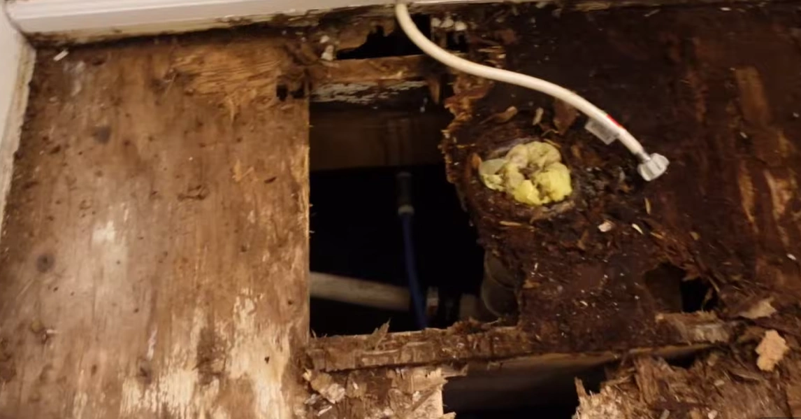 Severely water-damaged subfloor exposed during ceiling water damage repair in Lincoln, NE