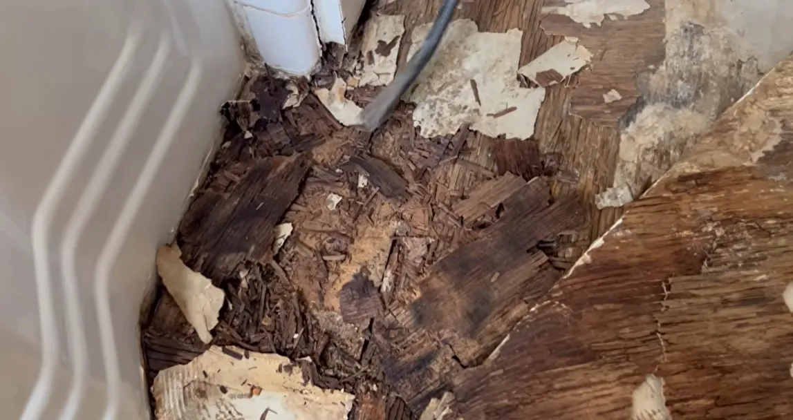 Water-damaged subfloor corner in North Bottoms, Lincoln, NE